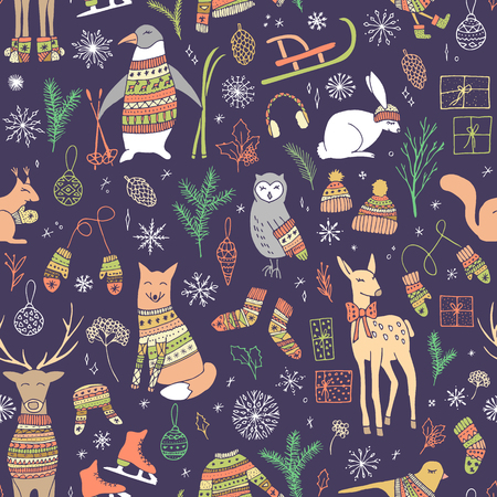 Vector hand drawn cute forest animals seamless pattern. Stylish and elegant cartoon christmas animals in sweaters. Cute and childish hipster christmas background.のイラスト素材