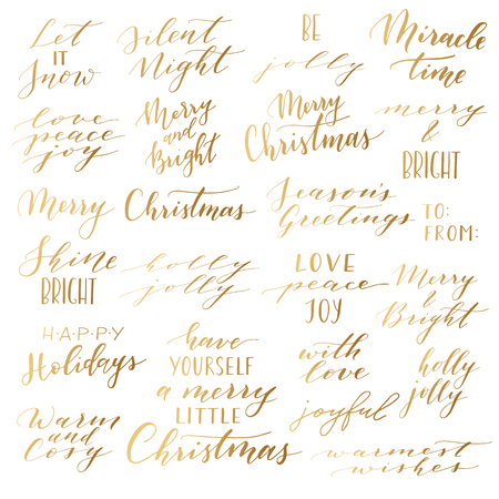 Vector big collection of hand written christmas phrases and quotes. Elegant calligraphic lettering phrases. Merry Christmas. Happy Holidays. Silent Night. Holly Jolly.のイラスト素材