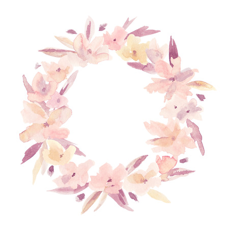 Elegant watercolor abstract floral summer wreath. Feminine trendy flower illustration, art print or card. Stylish pastel autumn colors. Cute arrangement, bouquet and save the date wedding template.の写真素材