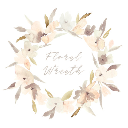 Elegant watercolor abstract floral summer wreath. Feminine trendy flower illustration, art print or card. Stylish pastel autumn colors. Cute arrangement, bouquet and save the date wedding template.の写真素材
