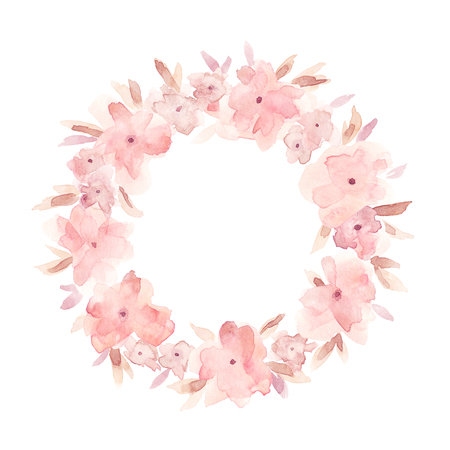 Elegant watercolor abstract floral summer wreath. Feminine trendy flower illustration, art print or card. Stylish pastel autumn colors. Cute arrangement, bouquet and save the date wedding template.の写真素材