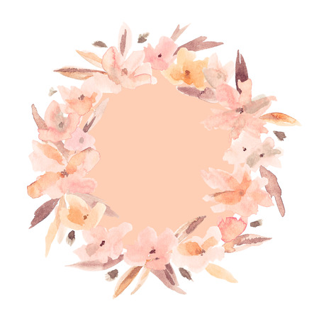 Elegant watercolor abstract floral summer wreath. Feminine trendy flower illustration, art print or card. Stylish pastel autumn colors. Cute arrangement, bouquet and save the date wedding template.の写真素材
