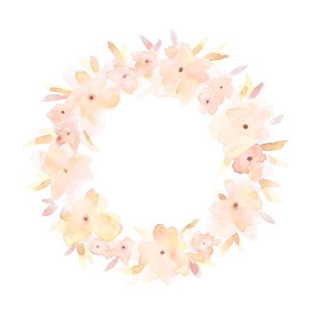 Elegant watercolor abstract floral summer wreath. Feminine trendy flower illustration, art print or card. Stylish pastel autumn colors. Cute arrangement, bouquet and save the date wedding template.の写真素材