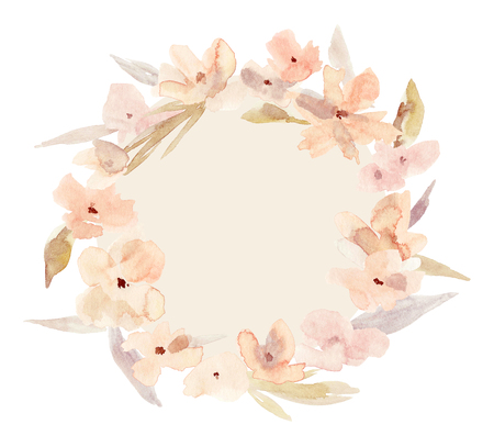 Elegant watercolor abstract floral summer wreath. Feminine trendy flower illustration, art print or card. Stylish pastel autumn colors. Cute arrangement, bouquet and save the date wedding template.の写真素材