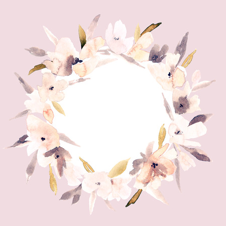 Elegant watercolor abstract floral summer wreath. Feminine trendy flower illustration, art print or card. Stylish pastel autumn colors. Cute arrangement, bouquet and save the date wedding template.の写真素材