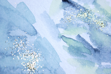 Abstract watercolor glittery background. Dreamy, blurred, magical backdrop. Elegant, feminine, soft light, golden abstraction.の写真素材