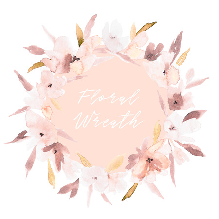 Elegant watercolor abstract floral summer wreath. Feminine trendy flower illustration, art print or card. Stylish pastel autumn colors. Cute arrangement, bouquet and save the date wedding template.の写真素材