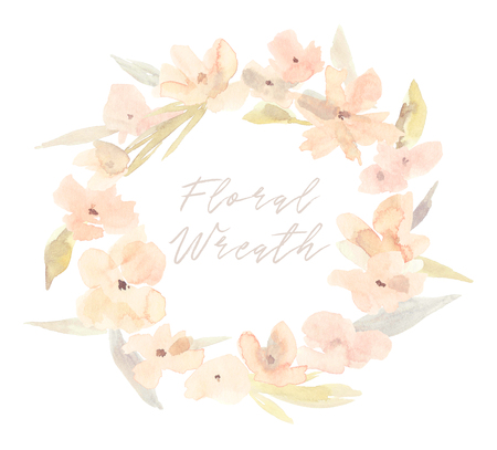 Elegant watercolor abstract floral summer wreath. Feminine trendy flower illustration, art print or card. Stylish pastel autumn colors. Cute arrangement, bouquet and save the date wedding template.の写真素材