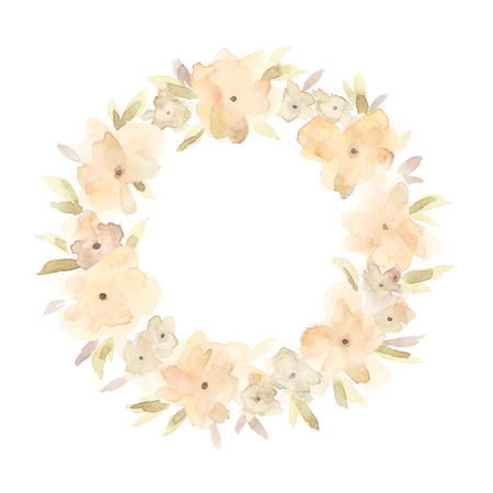 Elegant watercolor abstract floral summer wreath. Feminine trendy flower illustration, art print or card. Stylish pastel autumn colors. Cute arrangement, bouquet and save the date wedding template.の写真素材