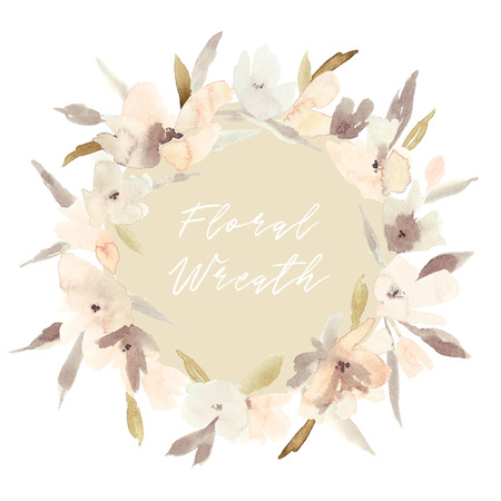 Elegant watercolor abstract floral summer wreath. Feminine trendy flower illustration, art print or card. Stylish pastel autumn colors. Cute arrangement, bouquet and save the date wedding template.の写真素材