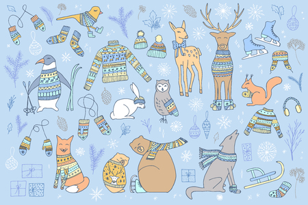 Vector hand drawn cute forest animals collection. Stylish and elegant cartoon animals. Cute and childish hipster Christmas animals.のイラスト素材