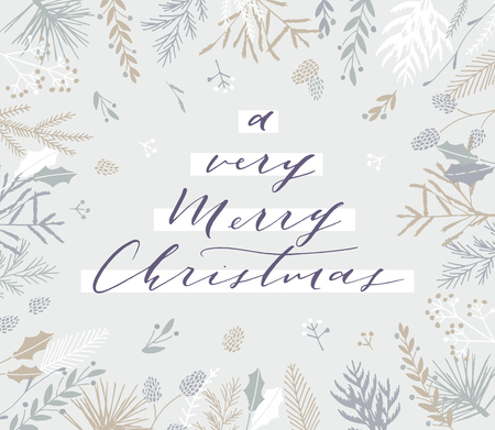 Elegant stylish Christmas greeting card design. Minimalist vector hand drawn holiday postcard, delicate winter leaves and branches. Gentle calligraphic festive lettering quote. A very Merry Christmas.のイラスト素材
