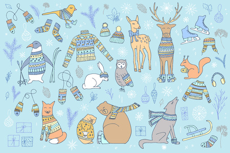 Vector hand drawn cute forest animals collection. Stylish and elegant cartoon animals. Cute and childish hipster christmas animals.のイラスト素材