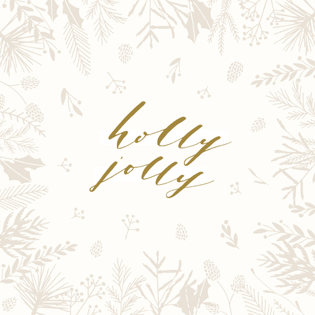 Elegant stylish Christmas greeting card design. Minimalist vector hand drawn holiday postcard, delicate winter leaves and branches. Gentle calligraphic festive lettering quote. Holly jolly.のイラスト素材