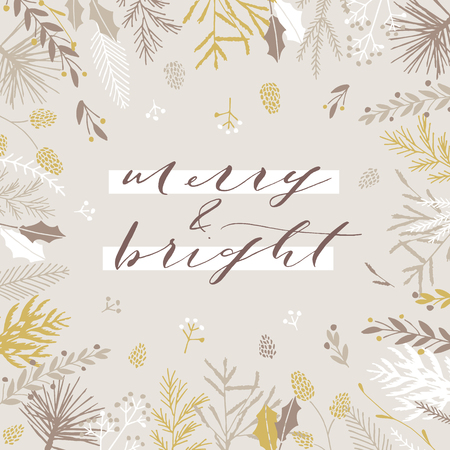 Elegant stylish Christmas greeting card design. Minimalist vector hand drawn holiday postcard, delicate winter leaves and branches. Gentle calligraphic festive lettering quote. Merry and bright.のイラスト素材