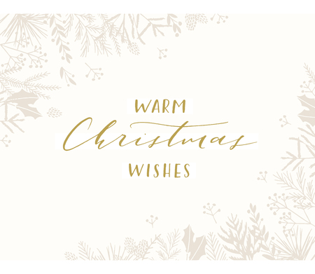 Elegant stylish Christmas greeting card design. Minimalist vector hand drawn holiday postcard, delicate winter leaves and branches. Gentle calligraphic festive lettering quote. Warm Christmas wishes.のイラスト素材