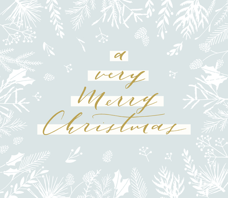 Elegant stylish Christmas greeting card design. Minimalist vector hand drawn holiday postcard, delicate winter leaves and branches. Gentle calligraphic festive lettering quote. A very Merry Christmas.のイラスト素材