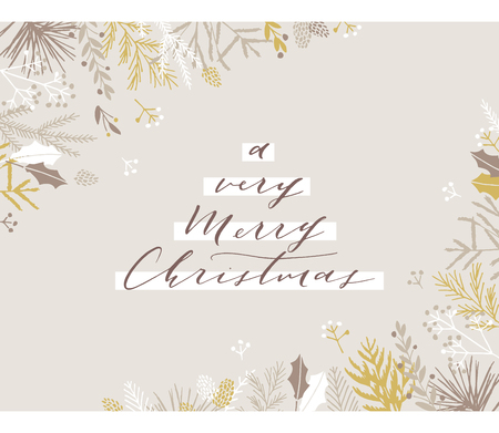 Elegant stylish Christmas greeting card design. Minimalist vector hand drawn holiday postcard, delicate winter leaves and branches. Gentle calligraphic festive lettering quote. A very Merry Christmas.のイラスト素材