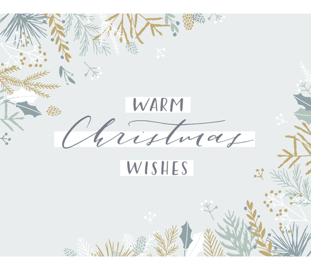 Elegant stylish Christmas greeting card design. Minimalist vector hand drawn holiday postcard, delicate winter leaves and branches. Gentle calligraphic festive lettering quote. Warm Christmas wishes.のイラスト素材