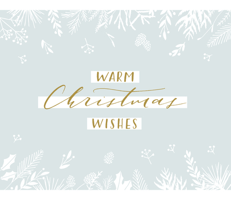 Elegant stylish Christmas greeting card design. Minimalist vector hand drawn holiday postcard, delicate winter leaves and branches. Gentle calligraphic festive lettering quote. Warm Christmas wishes.のイラスト素材