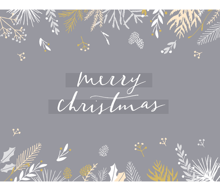 Elegant stylish Christmas greeting card design. Minimalist vector hand drawn holiday postcard, delicate winter leaves and branches. Gentle calligraphic festive lettering quote. Merry Christmas.のイラスト素材