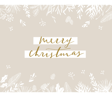 Elegant stylish Christmas greeting card design. Minimalist vector hand drawn holiday postcard, delicate winter leaves and branches. Gentle calligraphic festive lettering quote. Merry Christmas.のイラスト素材