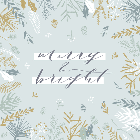 Elegant stylish Christmas greeting card design. Minimalist vector hand drawn holiday postcard, delicate winter leaves and branches. Gentle calligraphic festive lettering quote. Merry and bright.のイラスト素材