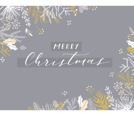 Elegant stylish Christmas greeting card design. Minimalist vector hand drawn holiday postcard, delicate winter leaves and branches. Gentle calligraphic festive lettering quote. Merry Christmas.のイラスト素材