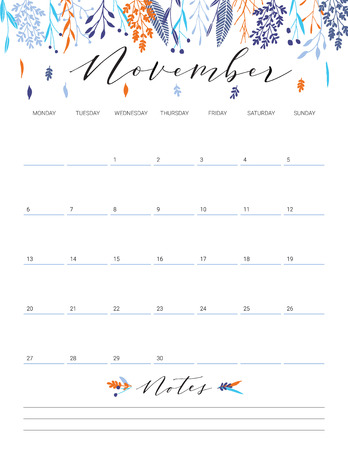 Elegant floral bright print ready calendar. November month colorful calendar or planner with space for notes.のイラスト素材