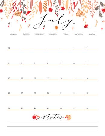 Elegant floral bright print ready calendar. July month red calendar or planner with space for notes.のイラスト素材