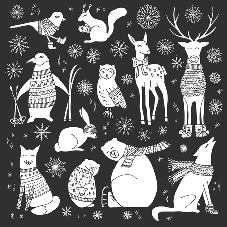 Vector hand drawn cute forest animals collection. Stylish and elegant cartoon animals. Cute and childish hipster christmas animals.のイラスト素材