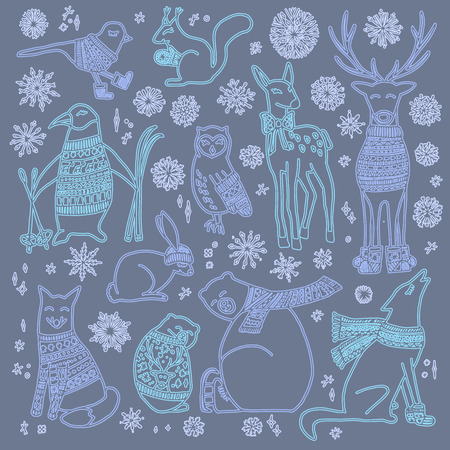 Vector hand drawn cute forest animals collection. Stylish and elegant cartoon animals. Cute and childish hipster christmas animals.のイラスト素材