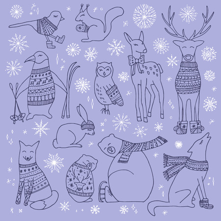 Vector hand drawn cute forest animals collection. Stylish and elegant cartoon animals. Cute and childish hipster christmas animals.のイラスト素材