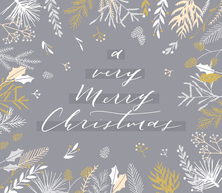 Elegant stylish Christmas greeting card design. Minimalist vector hand drawn holiday postcard, delicate winter leaves and branches. Gentle calligraphic festive lettering quote. A very Merry Christmas.のイラスト素材