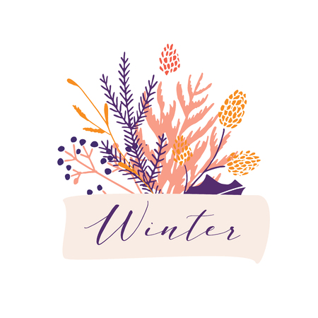 Cute and elegant vector floral bouquet. Pastel tone plant composition and badge. Autumn and winter Christmas stylish emblem and logo design elements.のイラスト素材