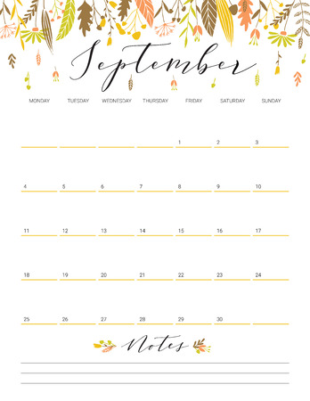 Elegant floral bright print ready calendar. September month colorful calendar or planner with space for notes.のイラスト素材