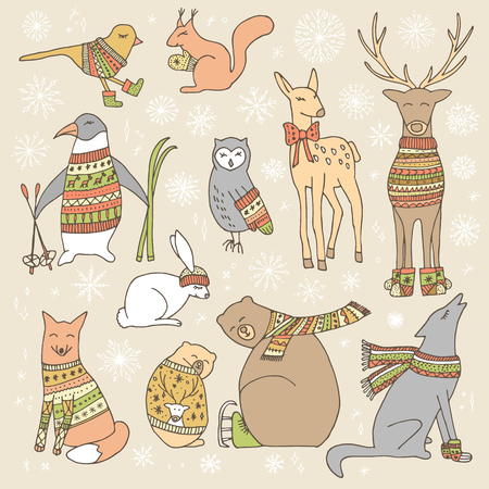 Vector hand drawn cute forest animals collection. Stylish and elegant cartoon animals. Cute and childish hipster christmas animals.のイラスト素材