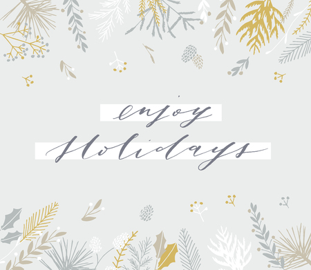 Elegant stylish Christmas greeting card design. Minimalist vector hand drawn holiday postcard, delicate winter leaves and branches. Gentle calligraphic festive lettering quote. Enjoy Holidays.のイラスト素材