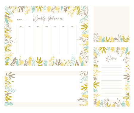 Cute vector weekly planner templates. Elegant floral pastel tone organizers and notepads. Week calendar schedule stationery.のイラスト素材