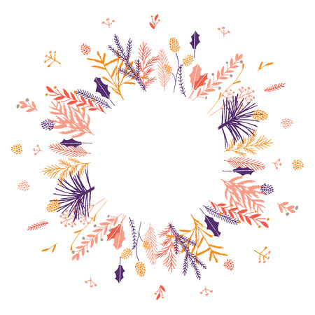 Cute and elegant vector floral round frame. Pastel tone plant circle badge and emblem. Christmas wreath.のイラスト素材