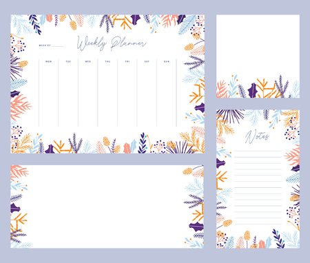Cute vector winter weekly planner templates. Elegant Christmas floral pastel tone organizers and notepads. Week calendar schedule stationery.のイラスト素材