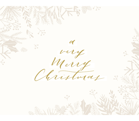 Elegant stylish Christmas greeting card design. Minimalist vector hand drawn holiday postcard, delicate winter leaves and branches. Gentle calligraphic festive lettering quote. A very Merry Christmas.のイラスト素材