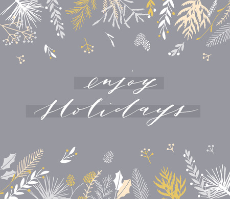 Elegant stylish Christmas greeting card design. Minimalist vector hand drawn holiday postcard, delicate winter leaves and branches. Gentle calligraphic festive lettering quote. Enjoy Holidays.のイラスト素材