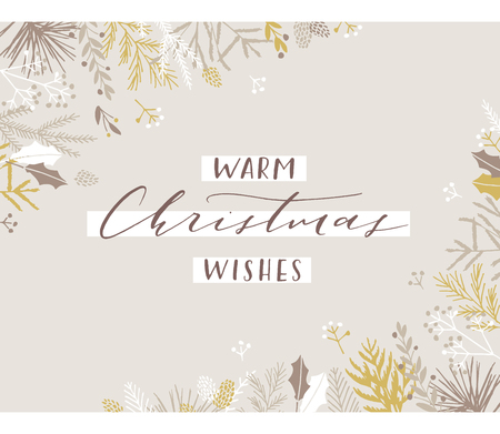 Elegant stylish Christmas greeting card design. Minimalist vector hand drawn holiday postcard, delicate winter leaves and branches. Gentle calligraphic festive lettering quote. Warm Christmas wishes.のイラスト素材
