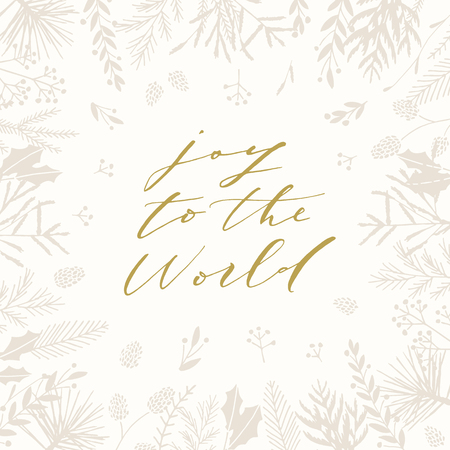 Elegant stylish Christmas greeting card design. Minimalist vector hand drawn holiday postcard, delicate winter leaves and branches. Gentle calligraphic festive lettering quote. Joy to the world.のイラスト素材