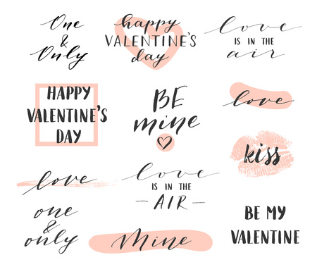 Vector modern hand written overlays and phrases for love cards, posters for Valentines Day or date, wedding. Hand lettering, elegant calligraphy set.のイラスト素材
