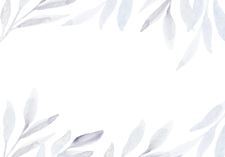 Hand painted  winter plant background. Elegant feminine minimalist leaves frame backdrop. Blue nordic shiny floral border. Christmas social media template.の写真素材