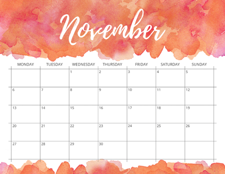 Elegant watercolour bright print ready calendar. November month orange calendar or planner with space for notes.の写真素材
