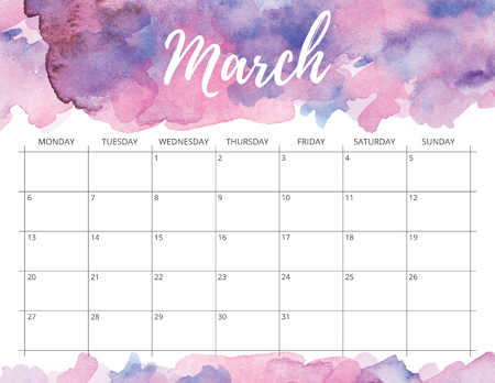 Elegant watercolour bright print ready calendar. March month violet calendar or planner with space for notes.の写真素材