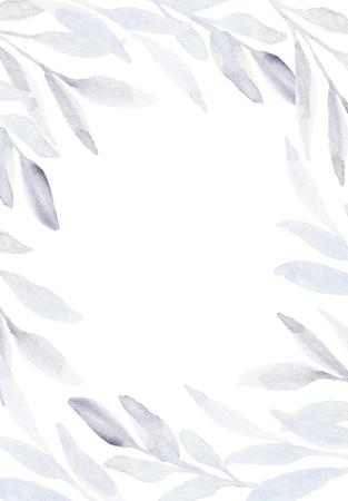 winter plant background. Elegant feminine minimalist leaves frame backdrop. Blue nordic shiny floral border. Christmas social media template.の写真素材